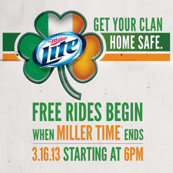 Metro Transit free rides during St. Patrick's Day. Miller Lite sponsors free Metro Transit rides during St. Patrick's Day.