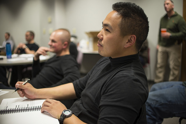 Metro Transit Police officers doing classroom work during the 2015 Spring Academy.