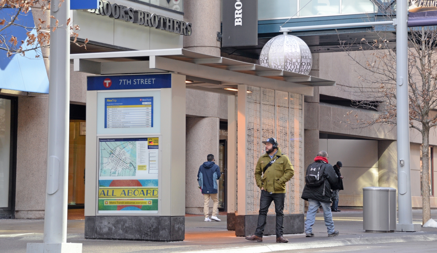 A bus shelter on Nicollet Mall includes heat, light and real-time signs. A bus shelter on Nicollet Mall includes heat, light and real-time signs.