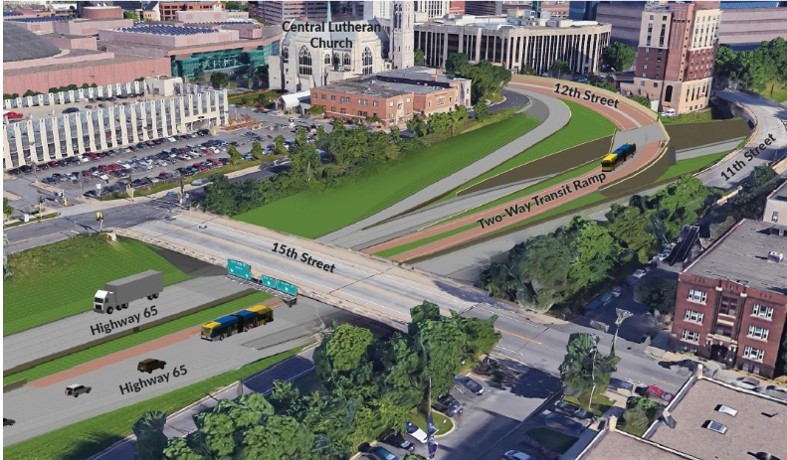 A transit-only access ramp will allow buses to avoid congestion entering and exiting downtown Minneapolis as they travel to or from Interstate 35W.