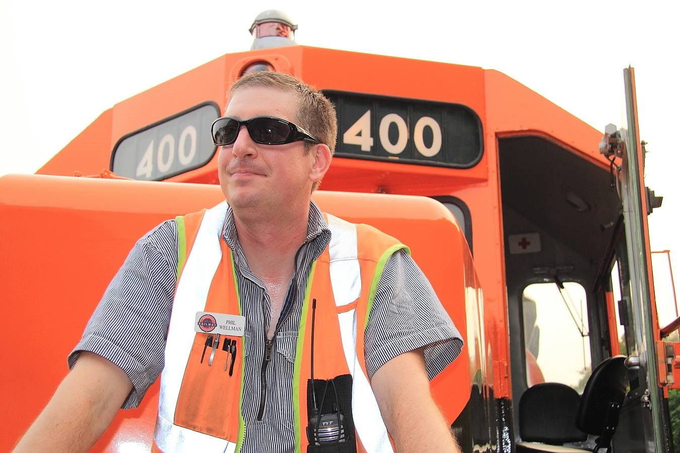 Senior Signal Engineer Phil Wellman on one of the locomotives operated by the Minnesota Transportation Museum.