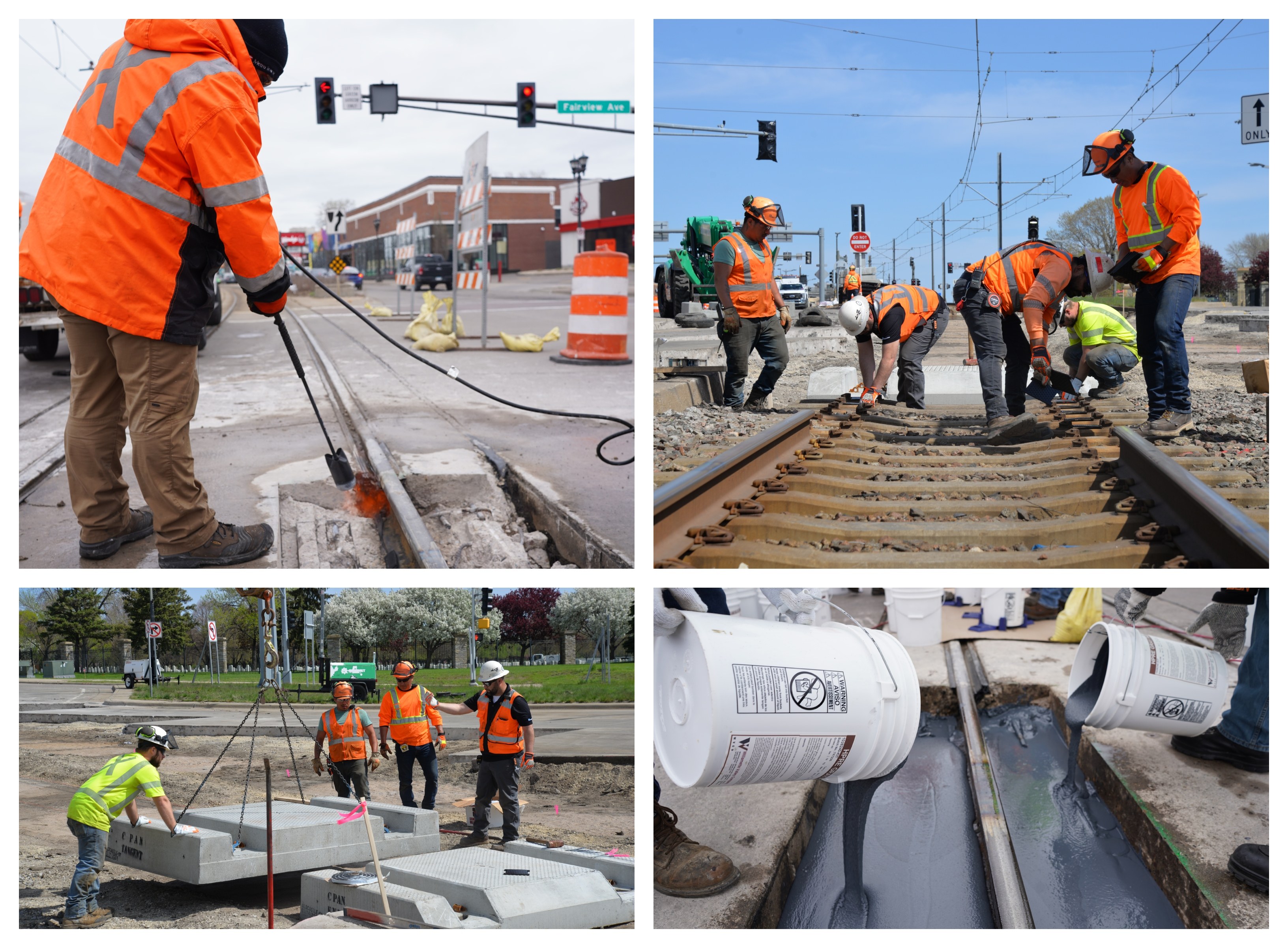 Construction crews repair rail breaks near the METRO Green Line's Fairview Avenue Station.