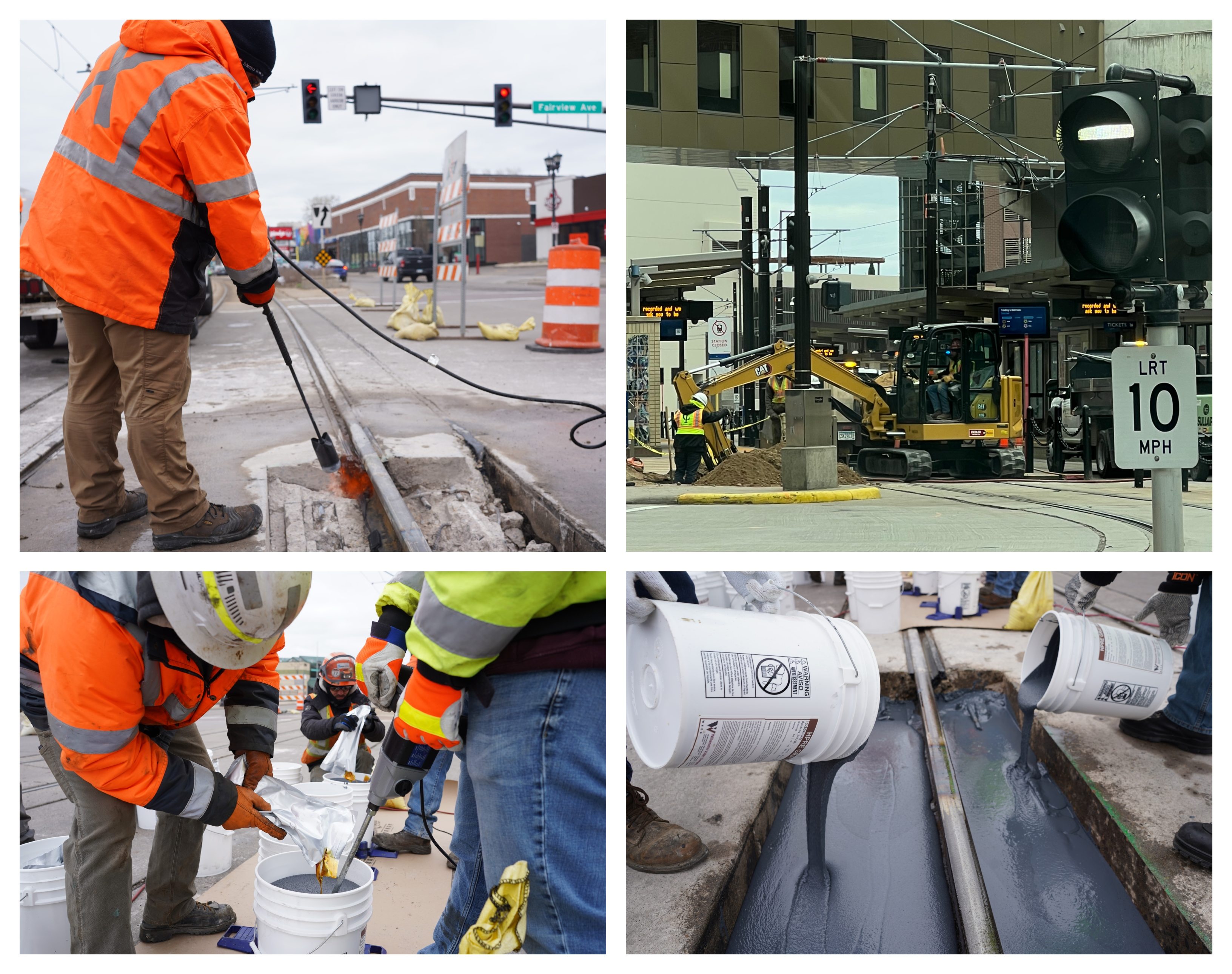 Construction crews repair rail breaks near the METRO Green Line's Fairview Avenue Station.