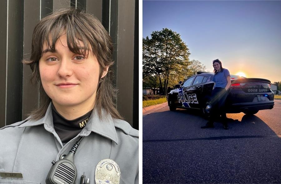 Headshot of CSO Beik, alongside a picture of her standing in front of a squad car.