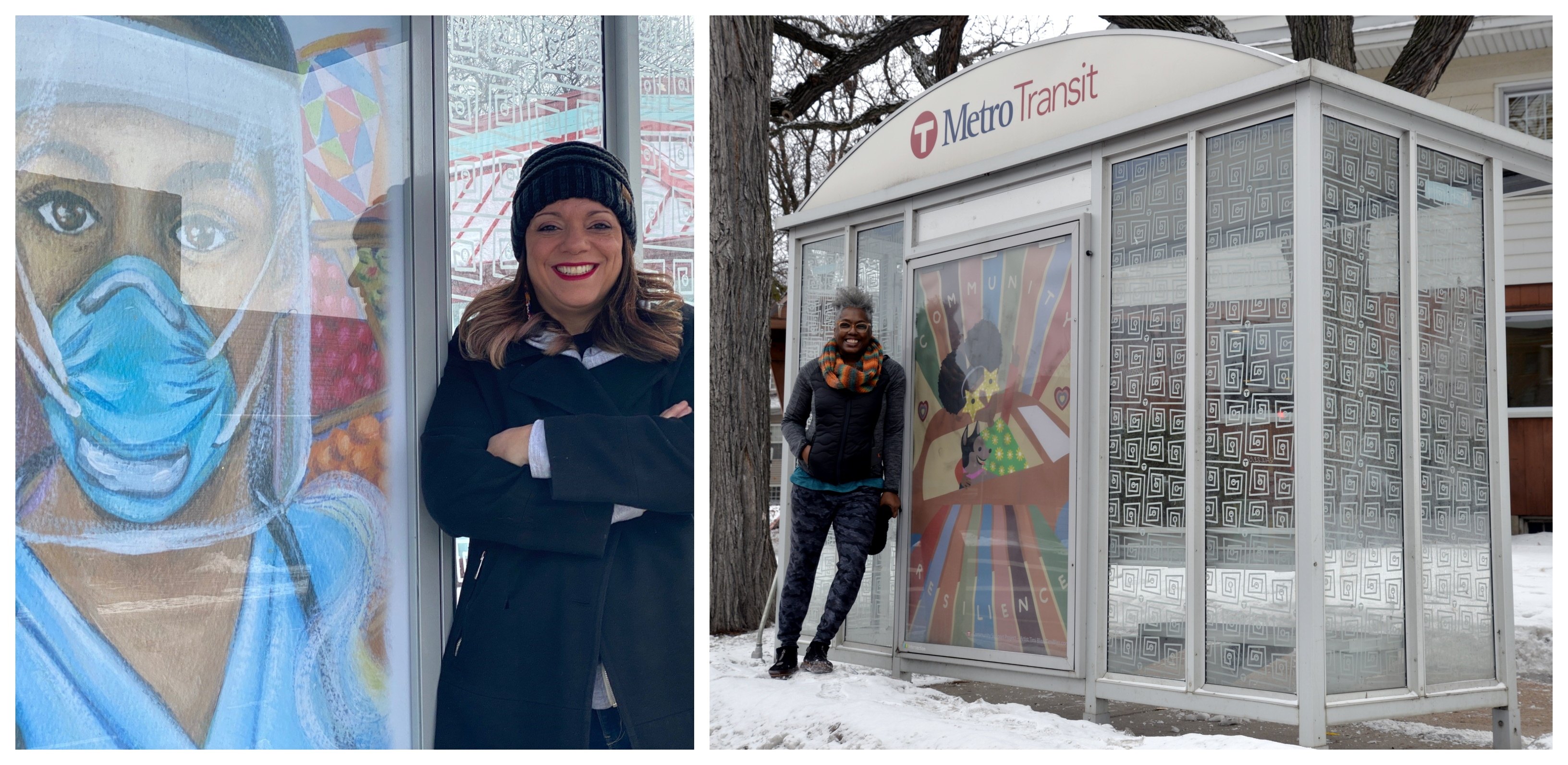 Artists Melodee Strong, left, and Timi Bliss, right, with their shelter artwork.