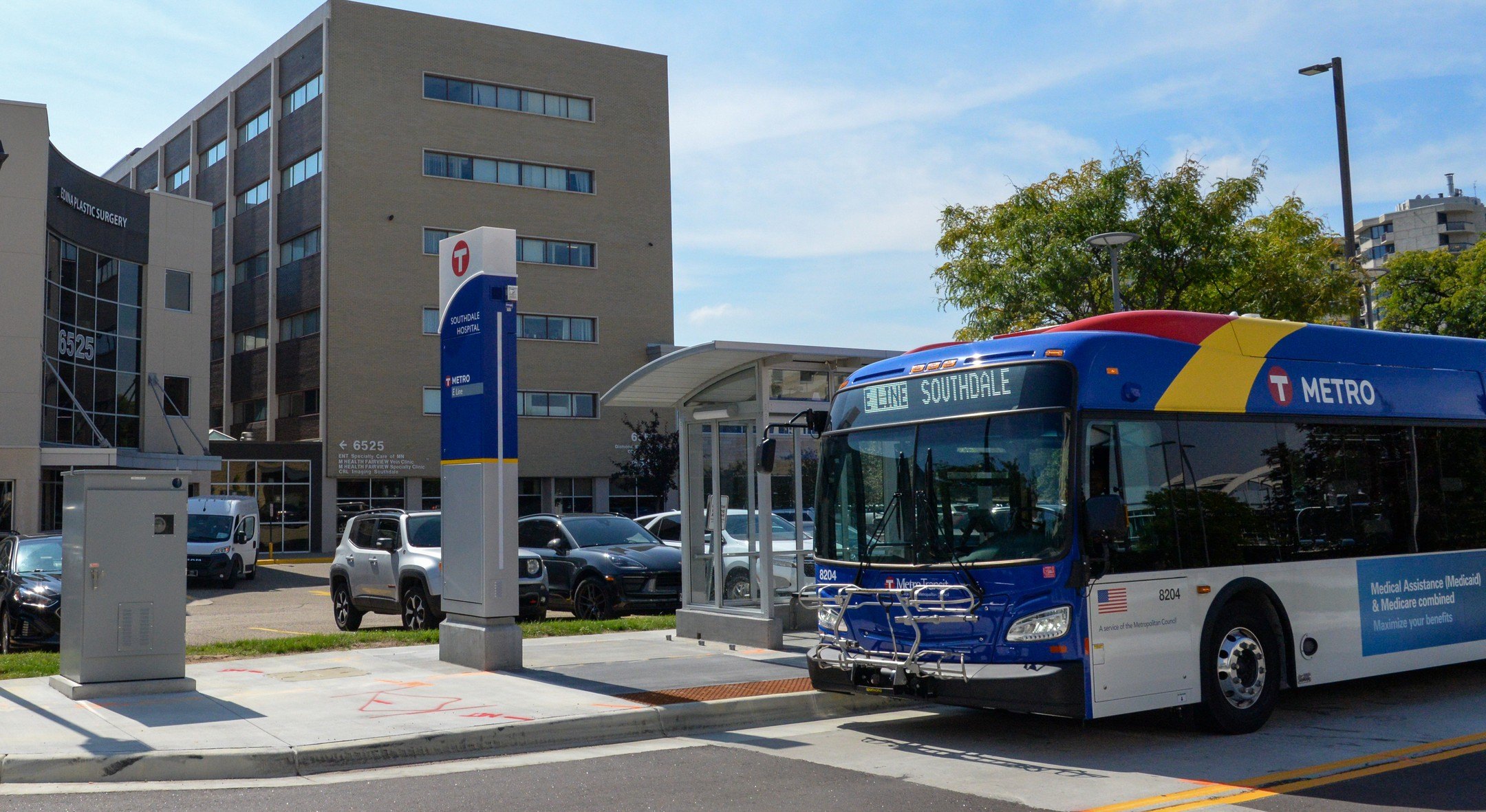 A METRO E Line bus stops at the Southdale Hospital Station in Edina. A METRO E Line bus stops at the Southdale Hospital Station in Edina.