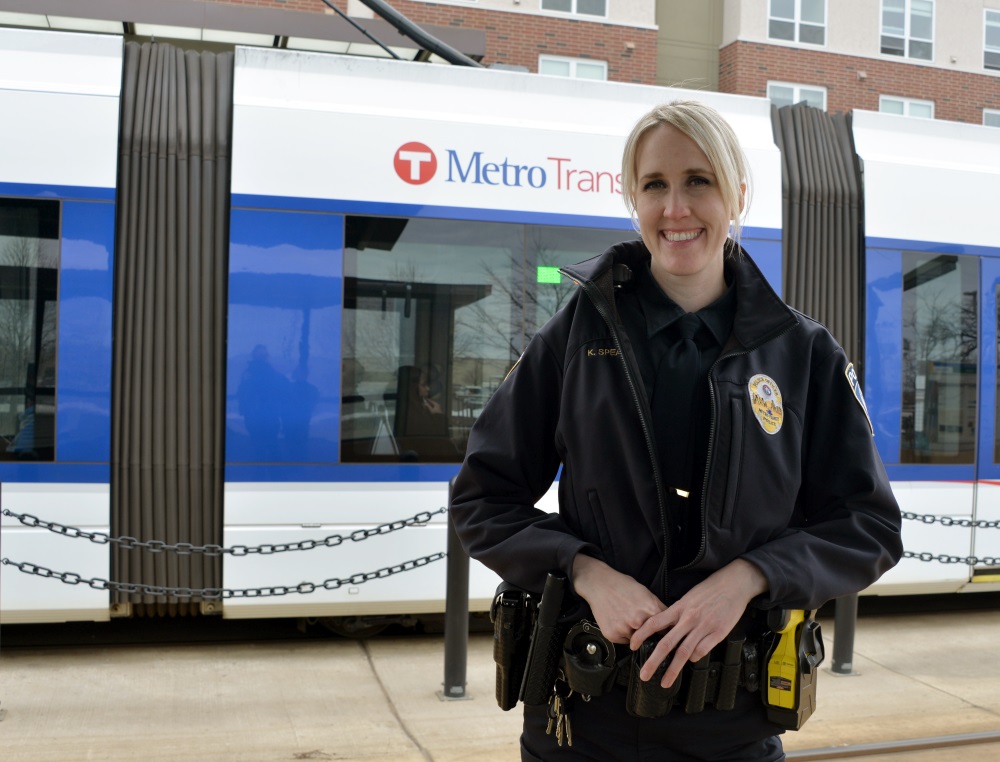 Metro Transit police officer Katherine Spear on the METRO Green Line. 