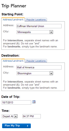 Click to vist the Trip Planner and plan your own trip! Image of the Metro Transit Trip Planner Web tool.