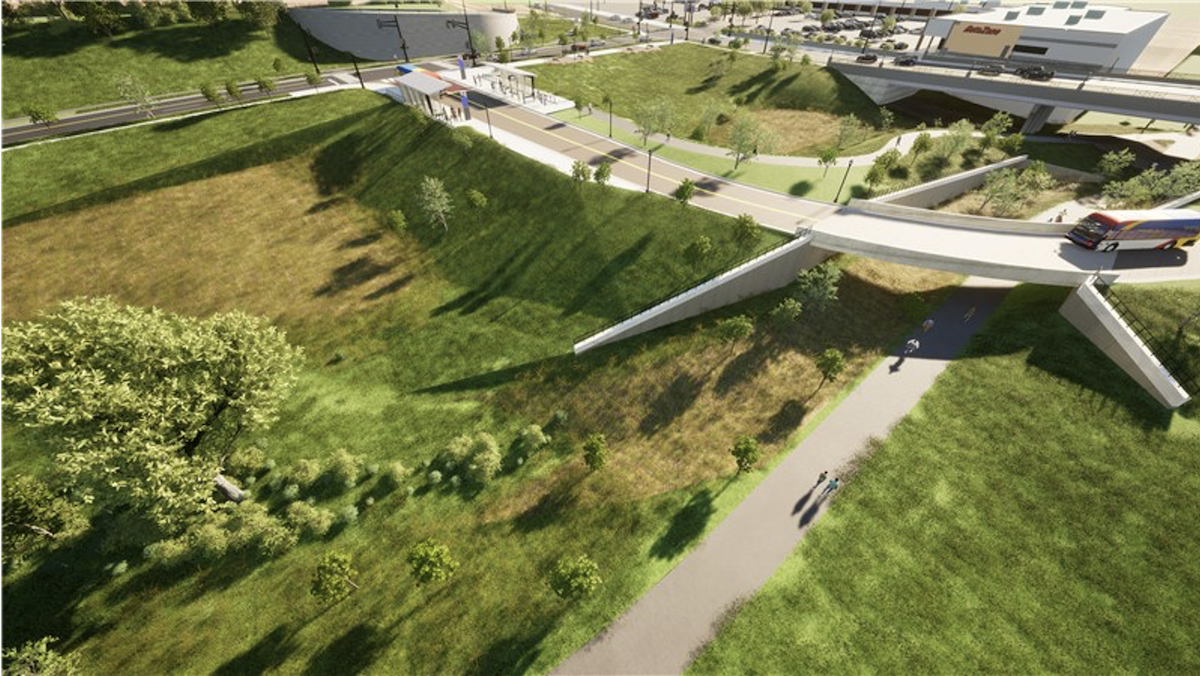 Bird’s eye view of the current Arcade Street Station location and design, looking northeast toward the station and the Arcade and Neid intersection. 