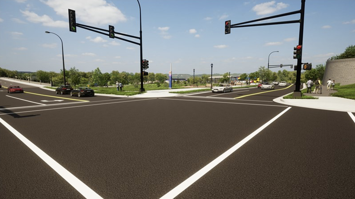 Street-level view from the Arcade and Neid intersection, looking southwest toward the Arcade Street Station. 