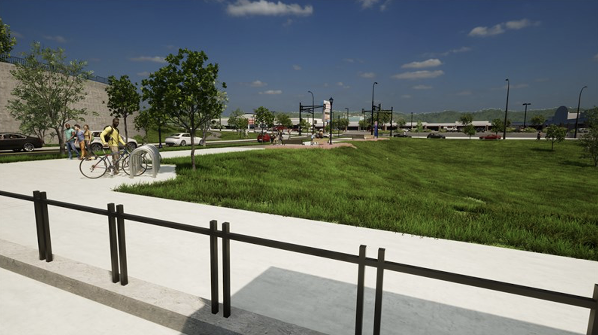 Street-level view from the Arcade Street Station, looking northeast toward the Arcade and Neid intersection. 