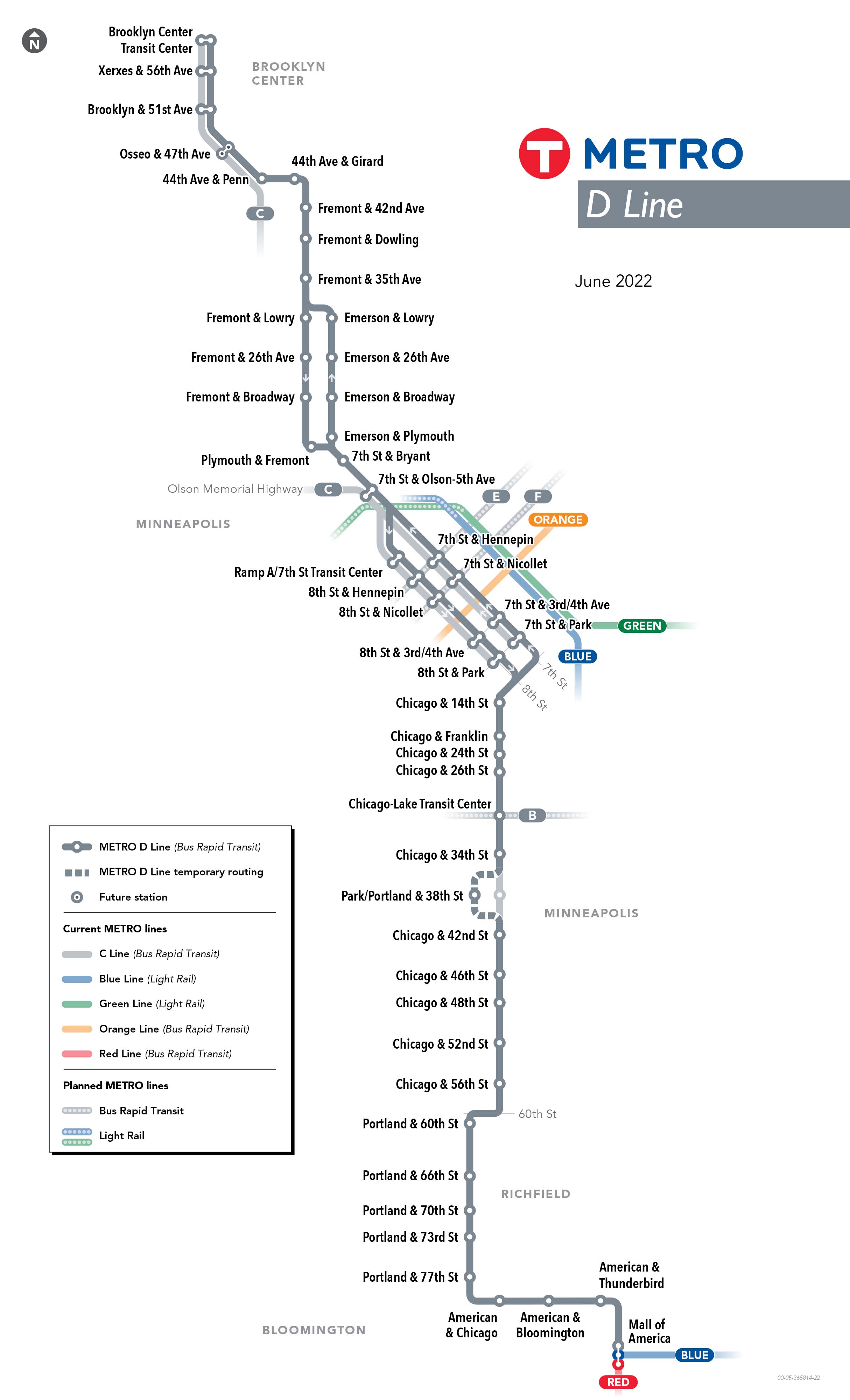 D Line alignment map showing final stations on a line from Brooklyn Center to Mall of America