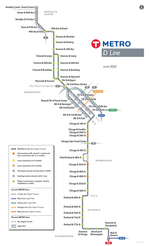 Image of the D Line final station plan, and locations along the line from Brooklyn Center to Mall of America