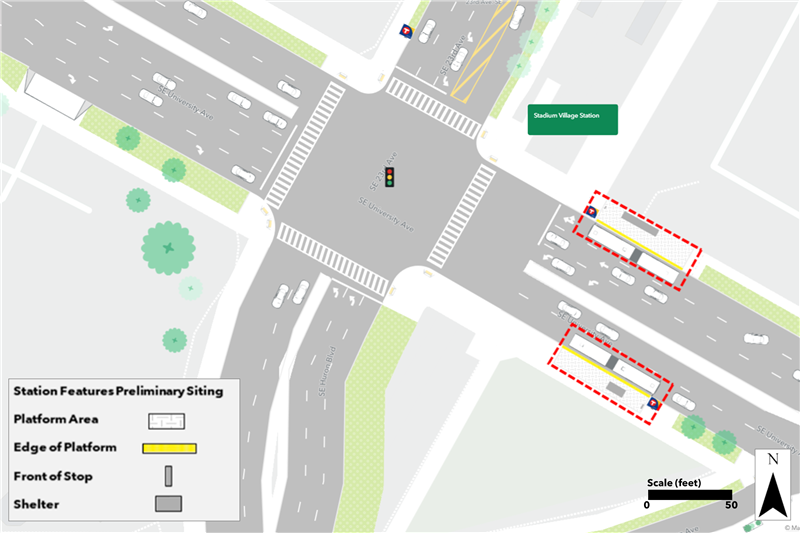 Map of proposed University & University & 23rd Avenue Station plan. Northbound curbside platform proposed farside of 23rd Avenue. Southbound curbside platform proposed nearside of 23rd Avenue.