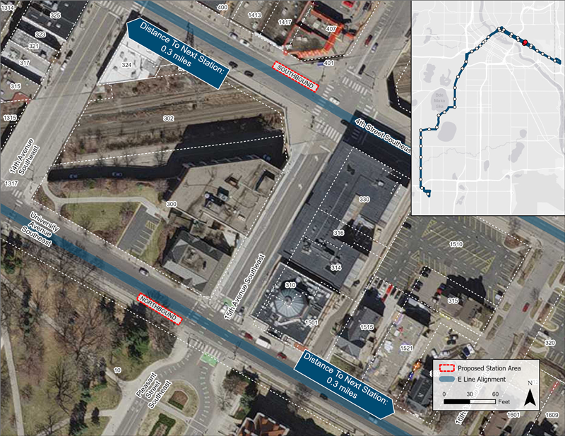 Aerial map of University/4th Street & 15th Avenue proposed station location. Northbound platform proposed nearside of 15th Avenue. Southbound platform proposed farside of 15th Avenue.