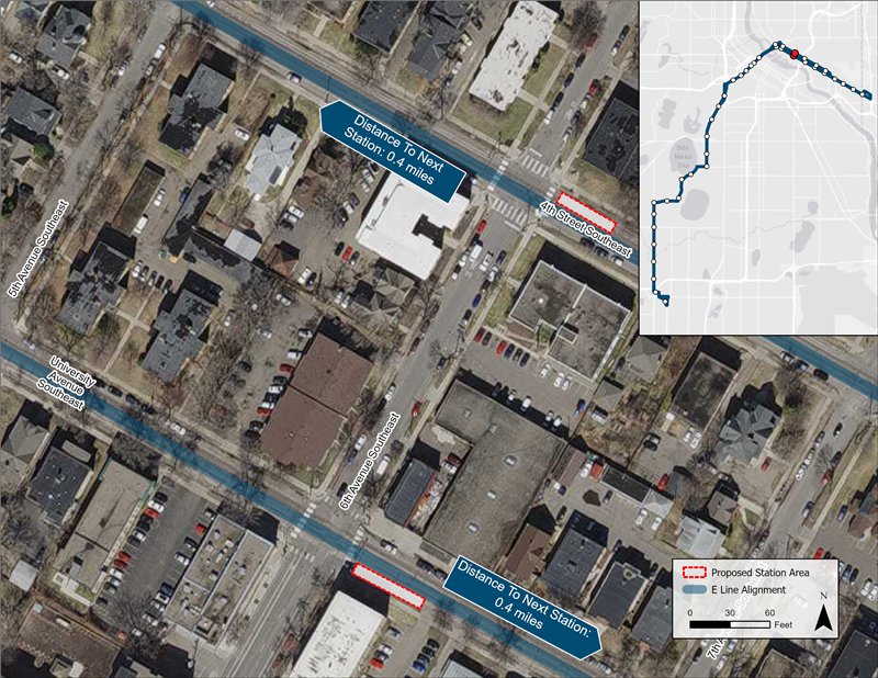 Aerial map of University/4th Street & 6th Avenue proposed station location. Northbound platform proposed farside of 6th Avenue. Southbound platform proposed nearside of 6th Avenue.