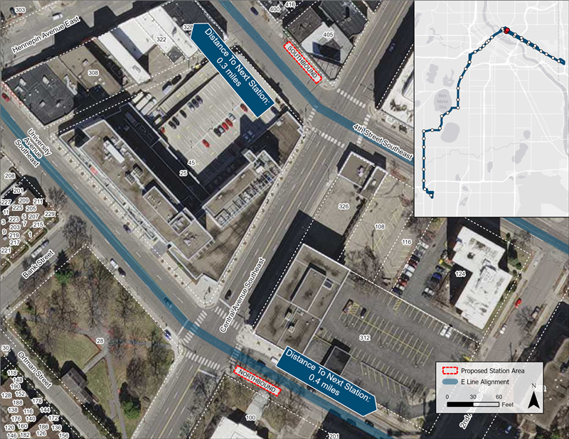 Aerial map of University/4th Street & Central proposed station location. Northbound platform proposed farside of Central Avenue. Southbound platform proposed farside of Central Avenue.