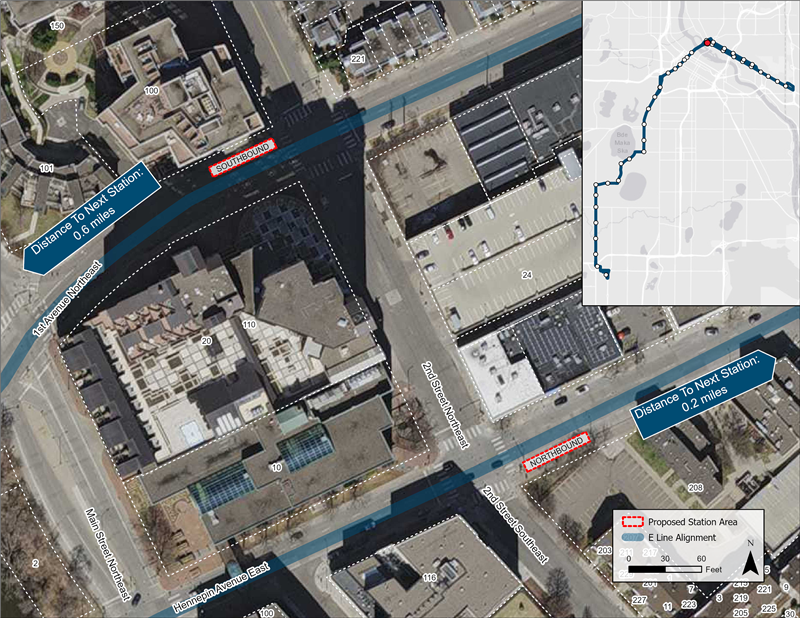 Aerial map of Hennepin/1st Avenue & 2nd Street NE proposed station location. Northbound platform proposed farside of 2nd St NE. Southbound platform proposed farside of 2nd St NE.