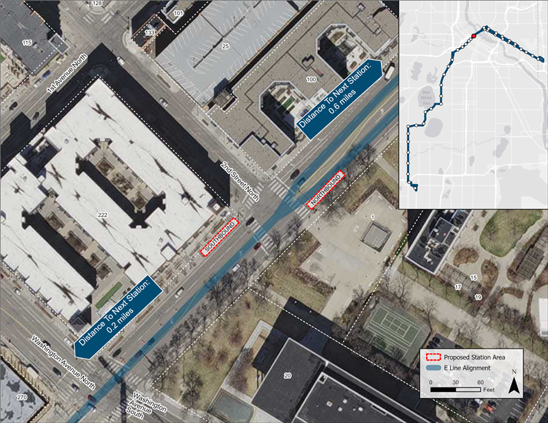 Aerial map of Hennepin & Gateway proposed station location. Northbound platform proposed farside of 2nd St N. Southbound platform proposed farside of 2nd St N.