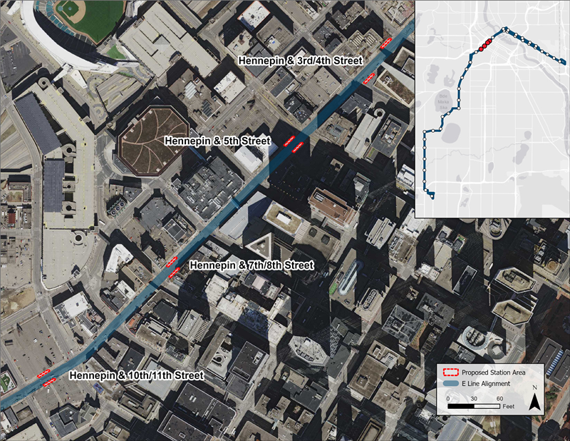 Aerial map of Hennepin Avenue Downtown Stations proposed station locations. Hennepin & 3rd/4th Street northbound platform proposed farside of 4th St, southbound platform proposed farside of 3rd St. Hennepin & 5th Street northbound platform proposed nearside of 5th St, southbound platform proposed farside of 5th St. Hennepin & 7th/8th Street northbound platform proposed farside of 8th St, southbound platform nearside of 8th St. Hennepin & 10th/11th Street northbound and southbound platform midblock.