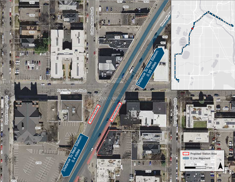 Aerial map of Hennepin & Franklin proposed station location. Northbound platform proposed nearside of Franklin. Southbound platform proposed farside of Franklin.