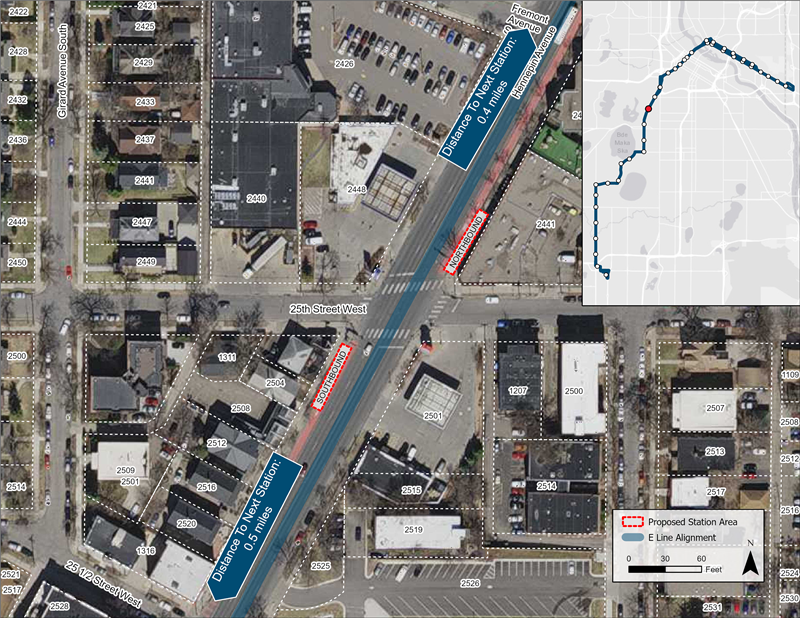 Aerial map of Hennepin & 25th Street proposed station location. Northbound platform proposed farside of 25th Street. Southbound platform proposed farside of 25th Street.