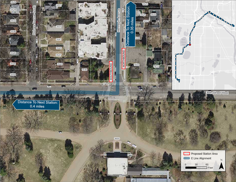 Aerial map of Hennepin & 36th Street proposed station location. Northbound platform proposed farside of 36th Street. Southbound platform proposed nearside of 36th Street.