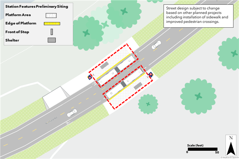 Proposed Richfield Road & Bde Maka Ska South station plan. Northbound curbside platform proposed farside of parking lot access. Southbound curbside platform proposed nearside of parking lot access.