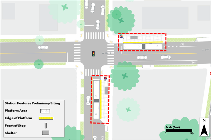 Proposed Sheridan & 39th Street station plan. Northbound platform proposed nearside of 39th Street. Southbound platform proposed nearside of Sheridan.