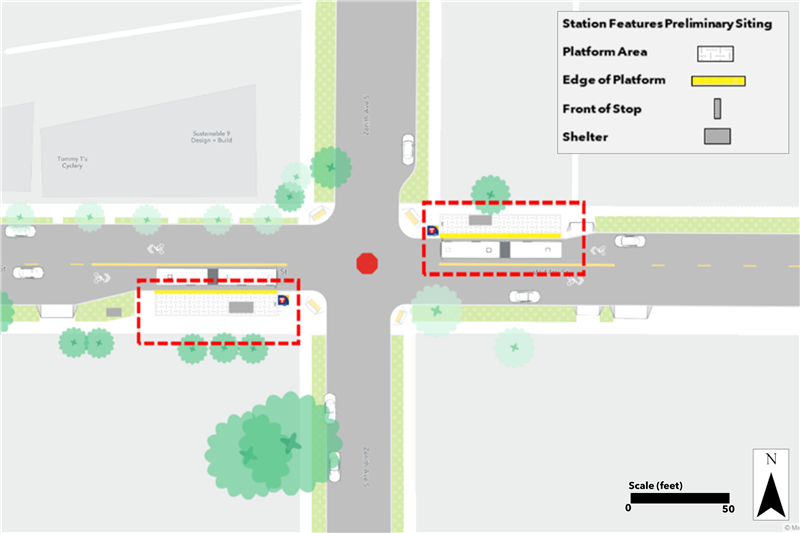 Proposed 44th Street & Zenith station plan. Northbound bumpout platform proposed nearside of Zenith. Southbound bumpout platform proposed nearside of Zenith.