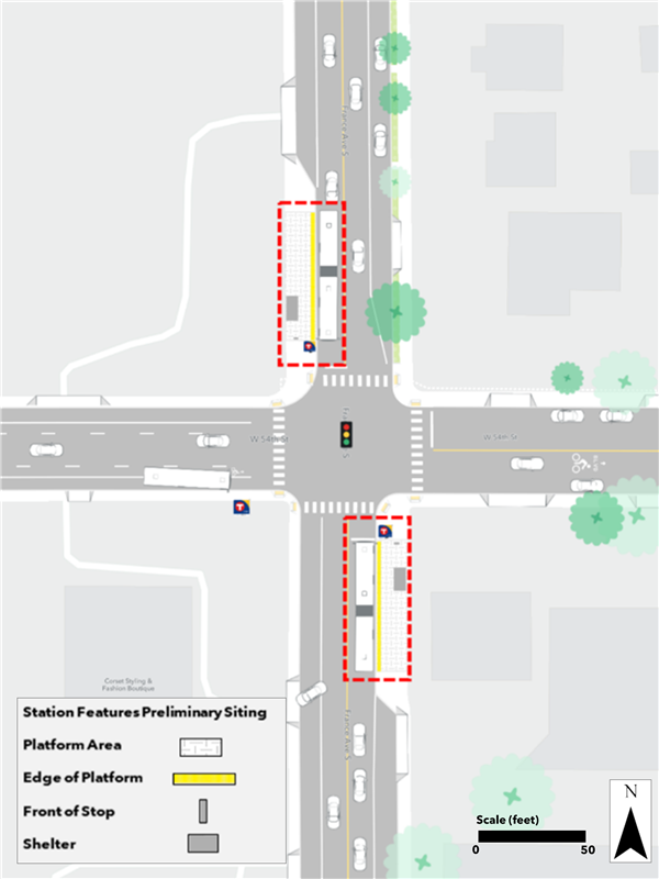 Proposed France & 54th Street station plan. Northbound bumpout platform proposed nearside of 54th Street. Southbound bumpout platform proposed nearside of 54th Street.