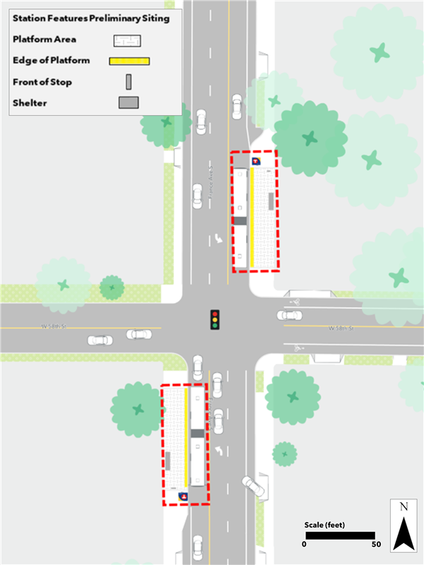 Proposed France & 58th Street station plan. Northbound bumpout platform proposed farside of 58th Street. Southbound bumpout platform proposed farside of 58th Street.