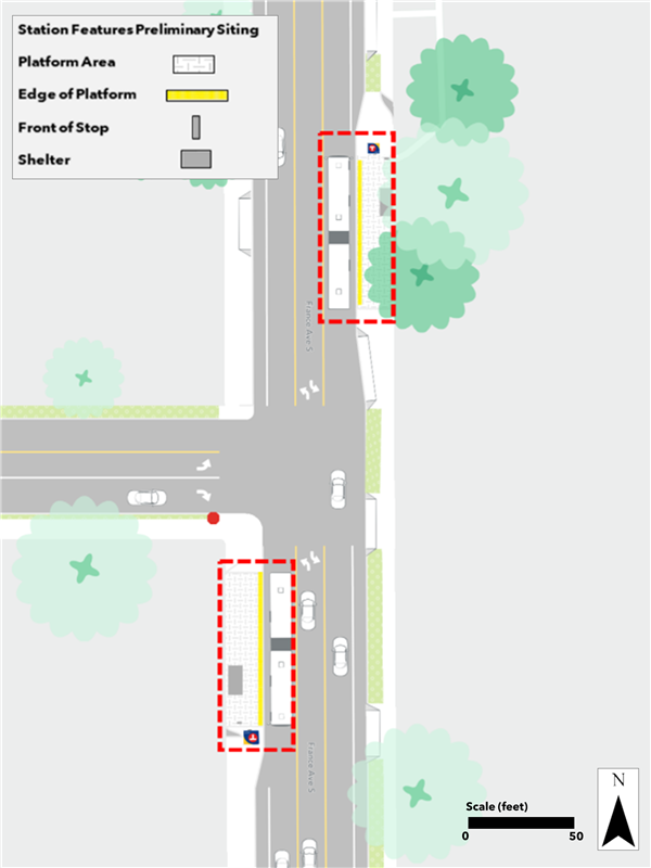 Proposed France & 62nd Street station plan. Northbound bumpout platform proposed farside of 62nd Street. Southbound bumpout platform proposed farside of 62nd Street.