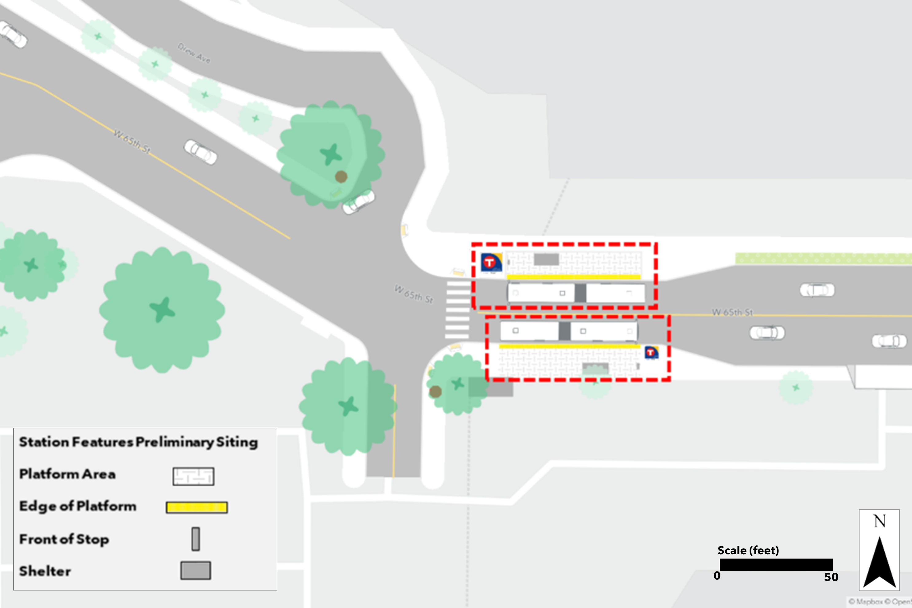 Proposed 65th Street & Fairview Southdale Hospital station plan. Northbound bumpout platform proposed nearside of pedestrian crossing and driveway access. Southbound bumpout platform proposed nearside of pedestrian crossing and driveway access.