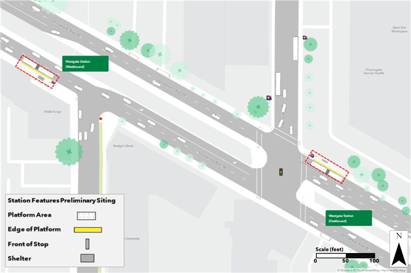 Proposed University & Berry Station plan. Northbound curbside platform proposed nearside of Emerald Street. Southbound curbside platform proposed nearside of Berry Street.