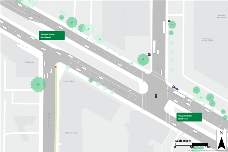 Map of existing conditions at the University Avenue and Berry Street Station area