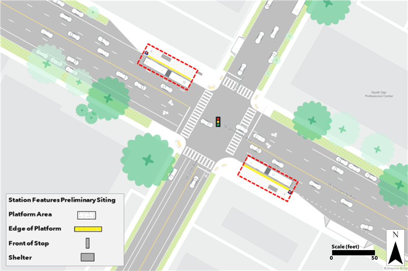 Map of proposed University & 27th Avenue Station plan. Northbound bumpout platform proposed farside of 27th Avenue. Southbound bumpout platform proposed farside of 27th Avenue.