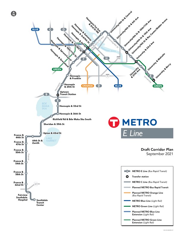Map of the METRO E Line route and proposed station locations