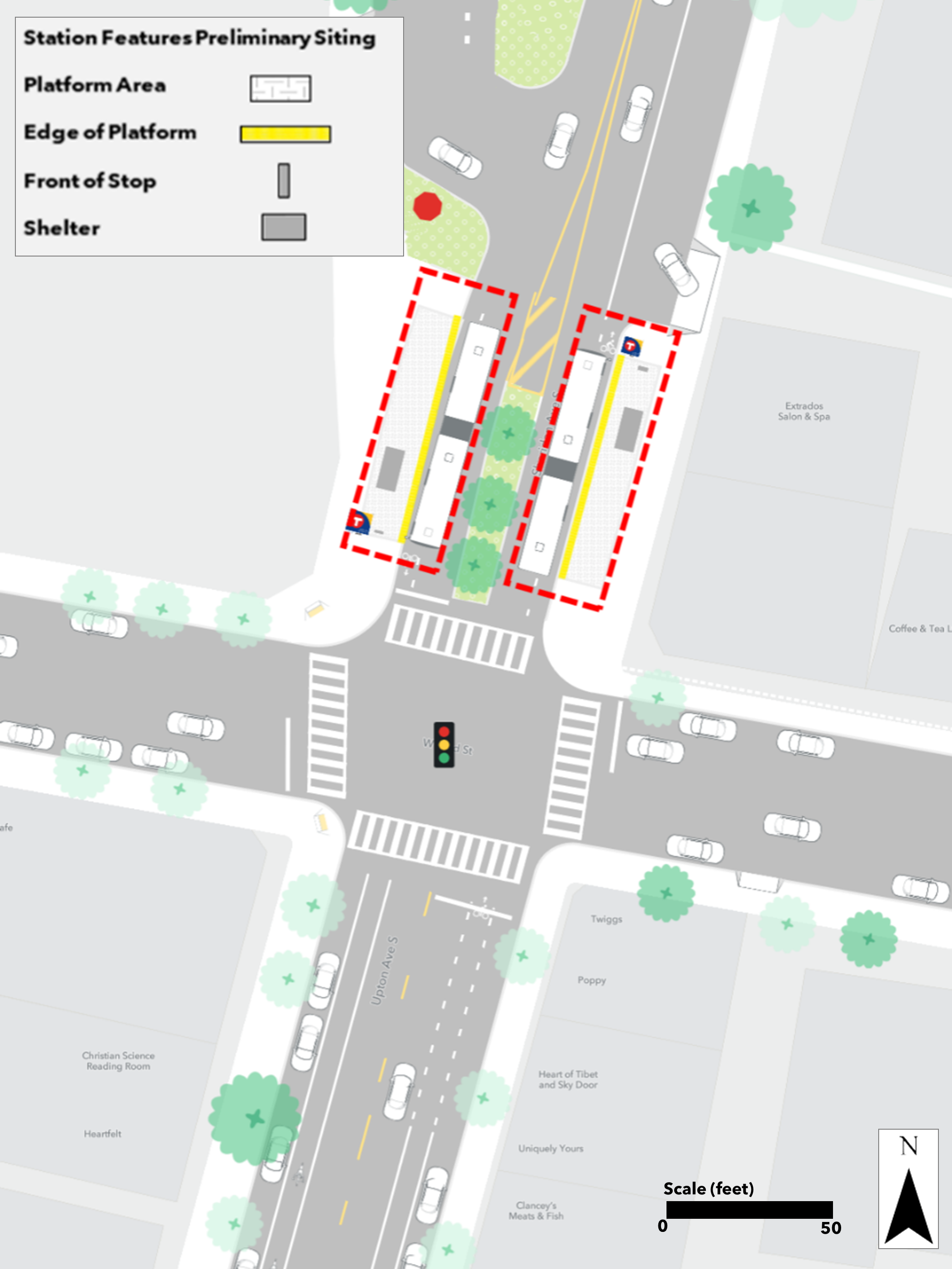 Proposed Upton & 43rd Street station plan. Northbound bumpout platform proposed farside of 43rd Street. Southbound bumpout platform proposed nearside of 43rd Street.