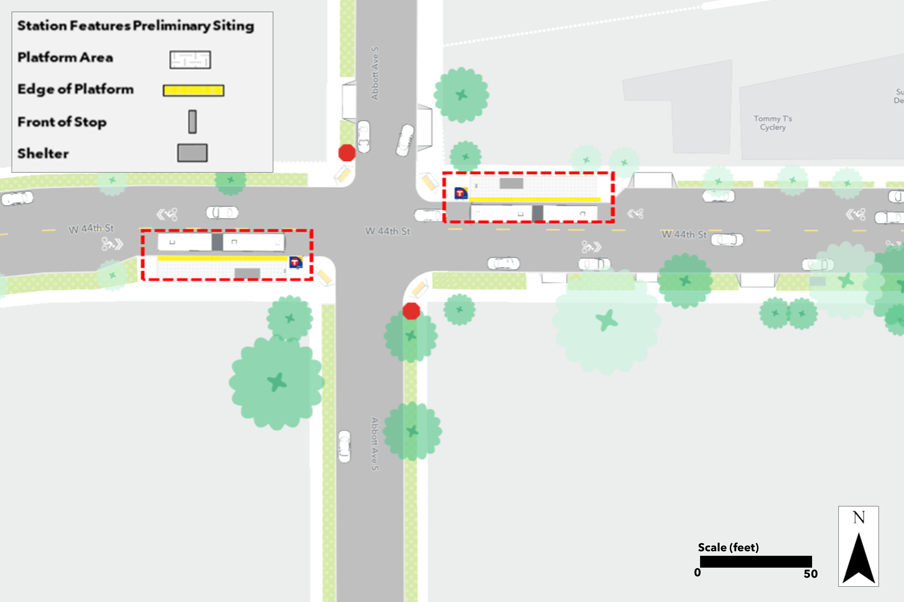 Proposed 44th Street & Abbott station plan. Northbound bumpout platform proposed nearside of Abbott. Southbound bumpout platform proposed nearside of Abbott.