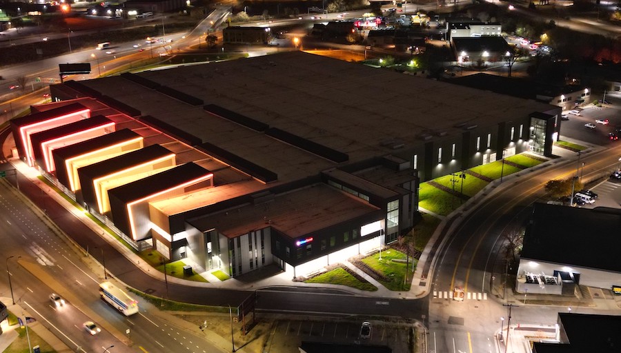 An aerial view of Metro Transit's North Loop Garage at night