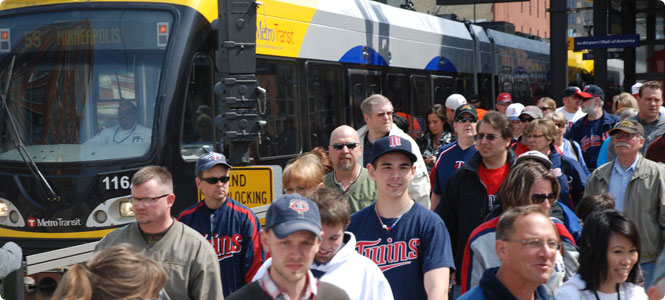 Light rail train at Target Field station for Twins game