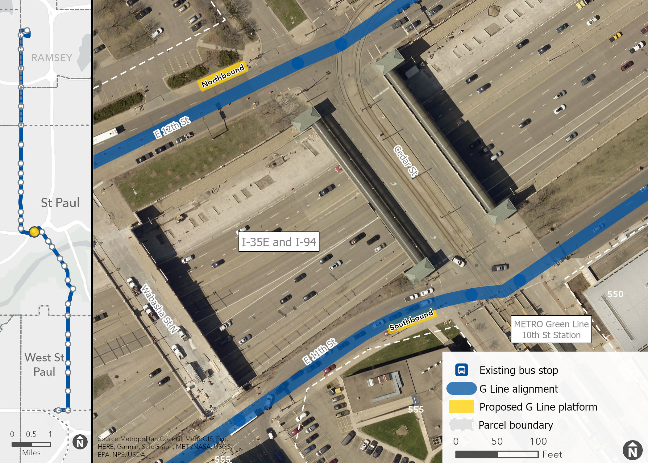 Arial station image of 11th & 12th & Cedar with building addresses in the area