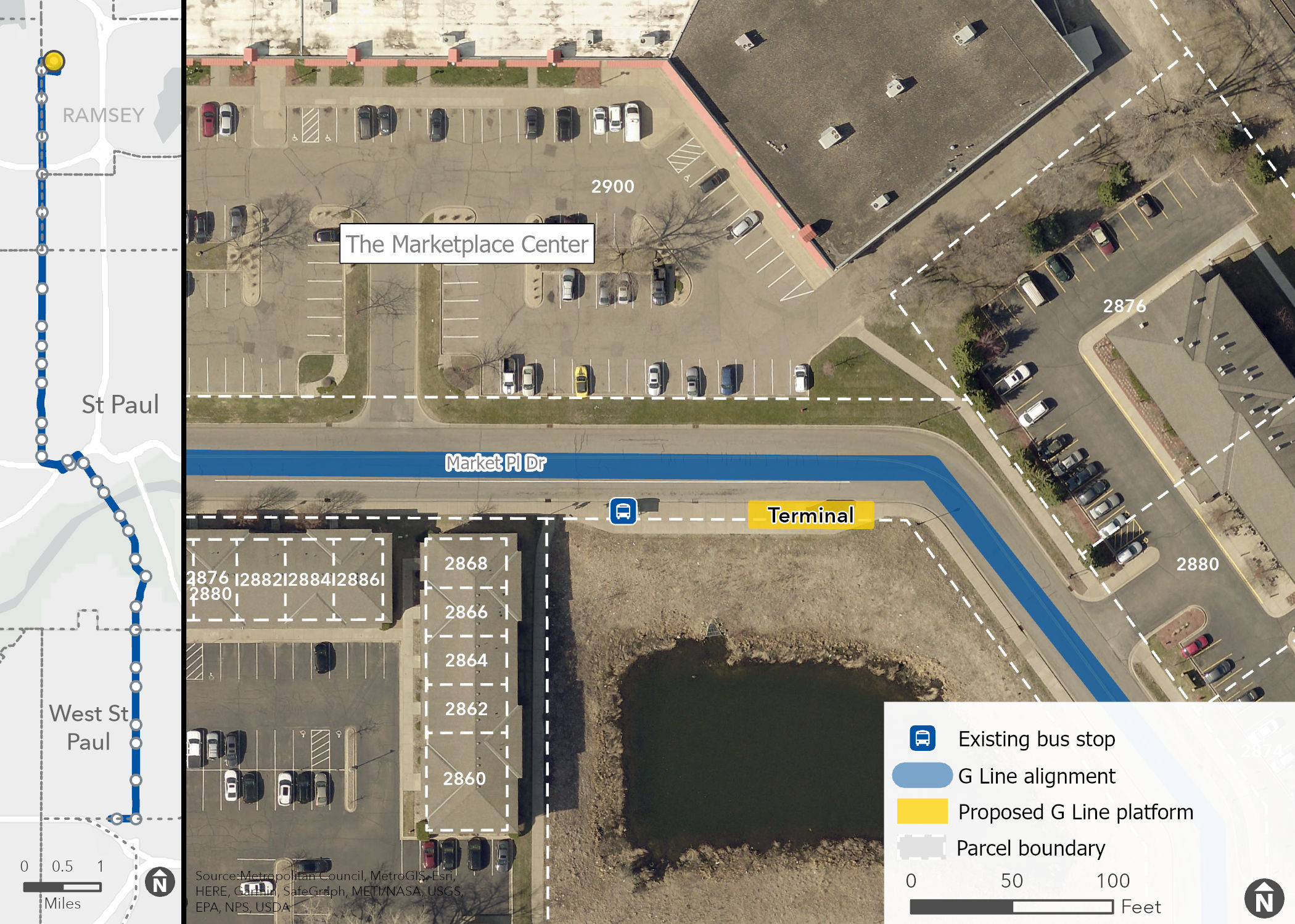 Aerial map of proposed transit Station location, showing the proposed platform, G Line alignment, and surrounding area, including property boundaries (with address numbers)