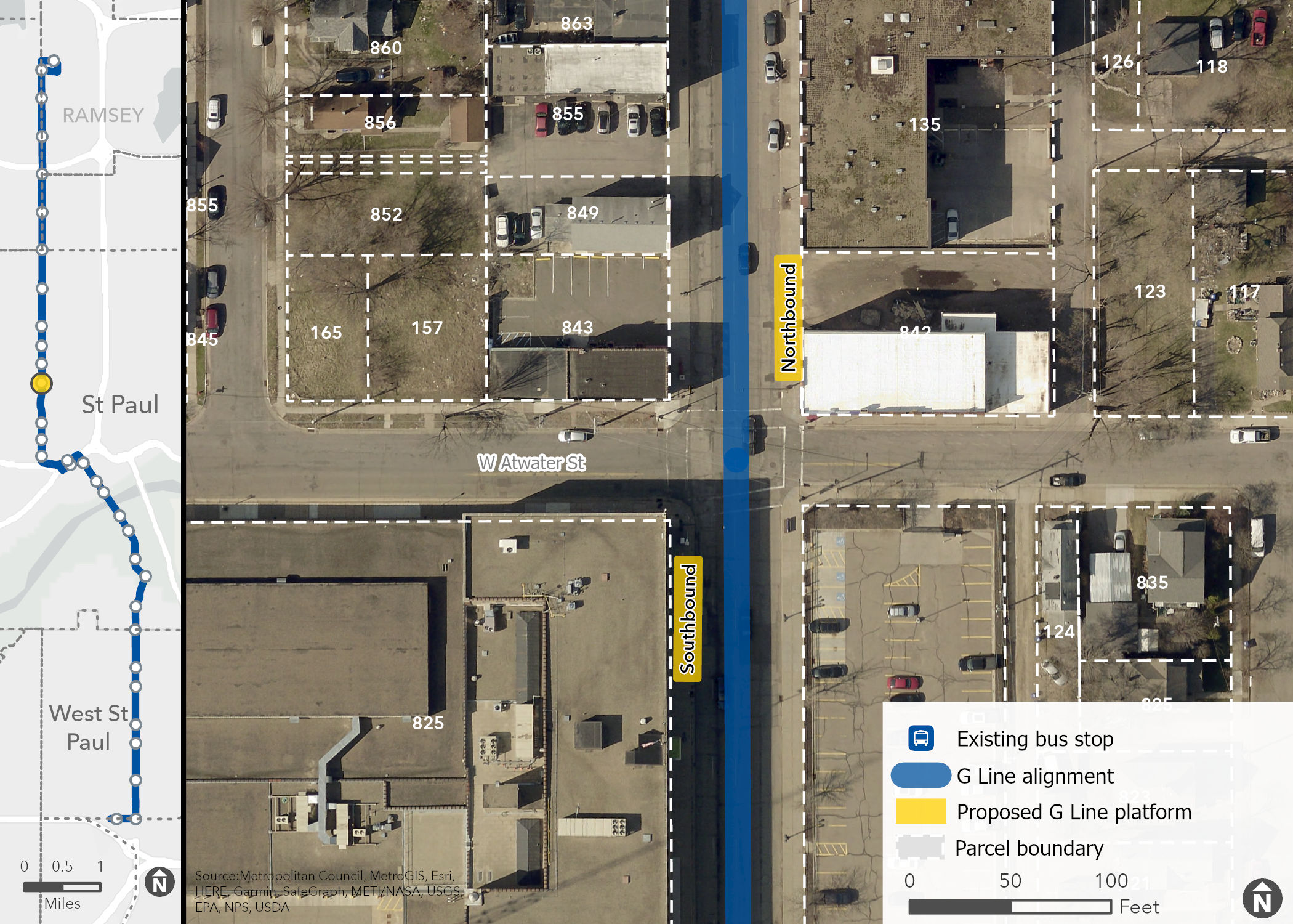 Arial station image of Rice and Atwater with building addresses