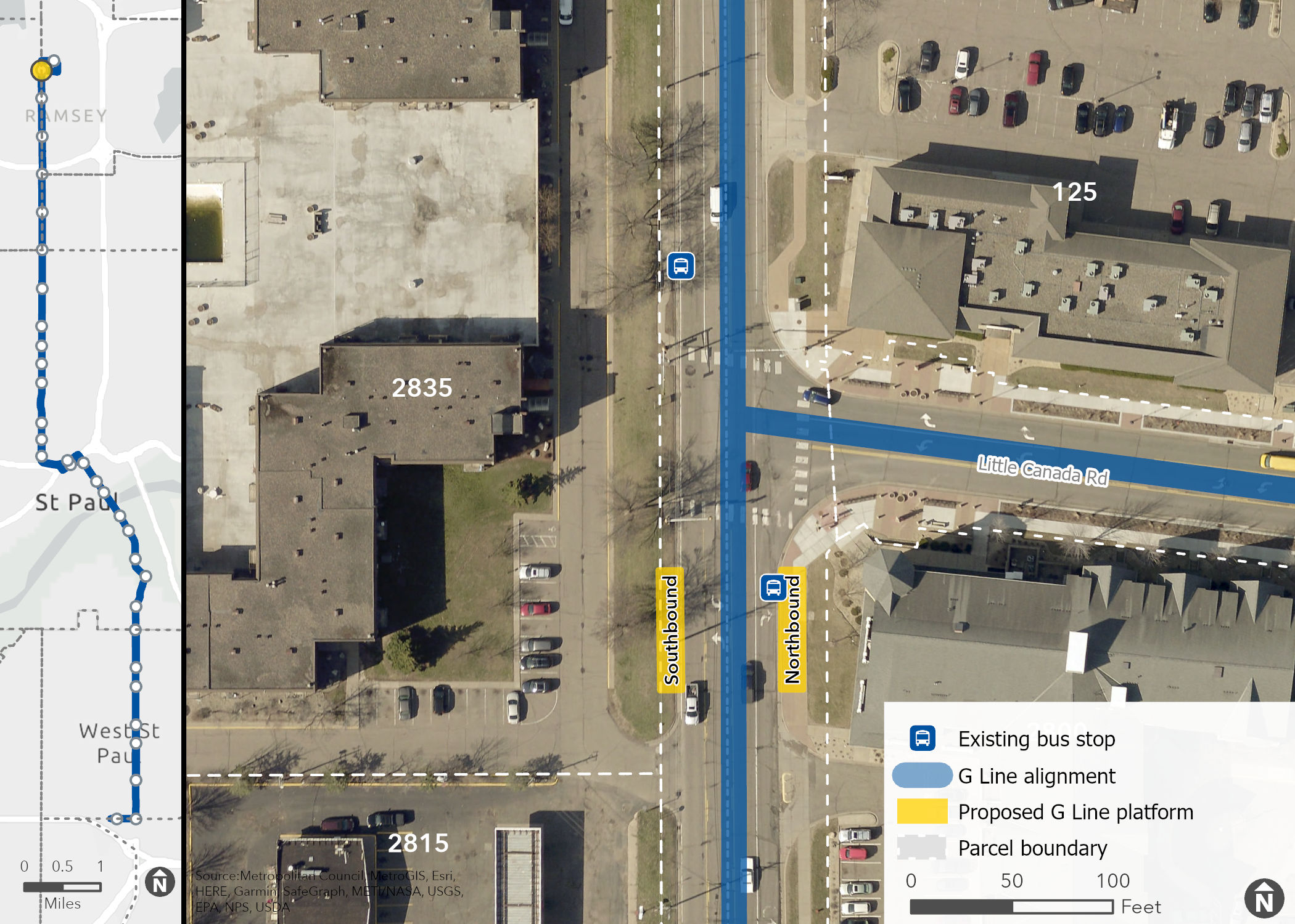 Aerial map of proposed transit Station location, showing the proposed platform, G Line alignment, and surrounding area, including property boundaries (with address numbers).