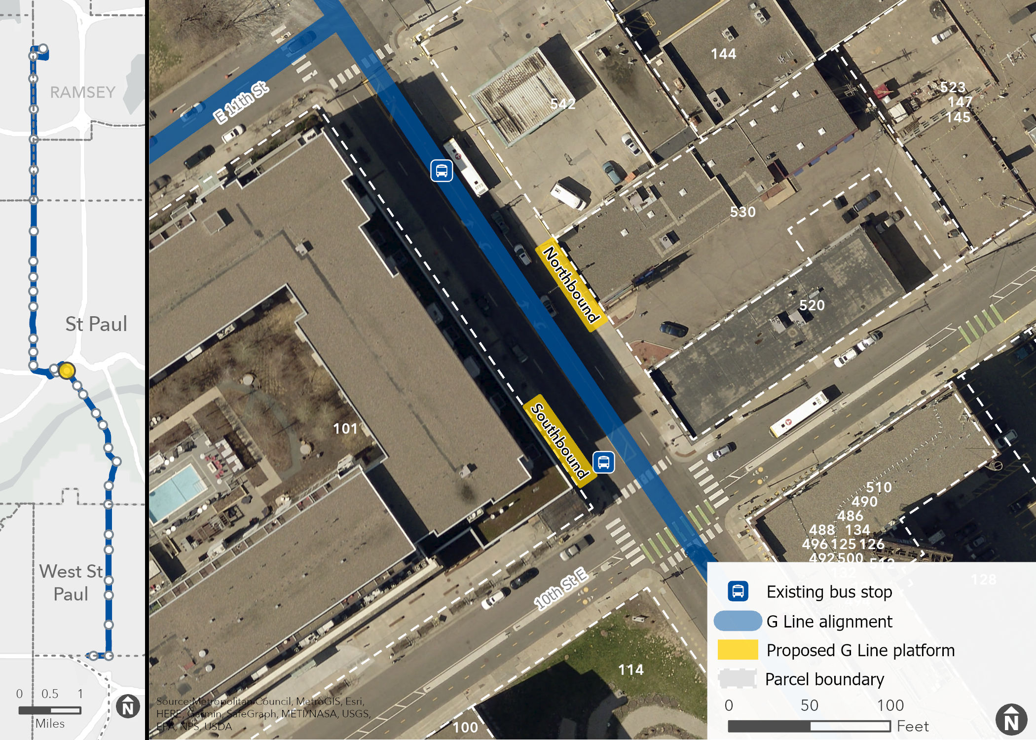 Arial image of Robert & 10th Street Station with building addresses in the area