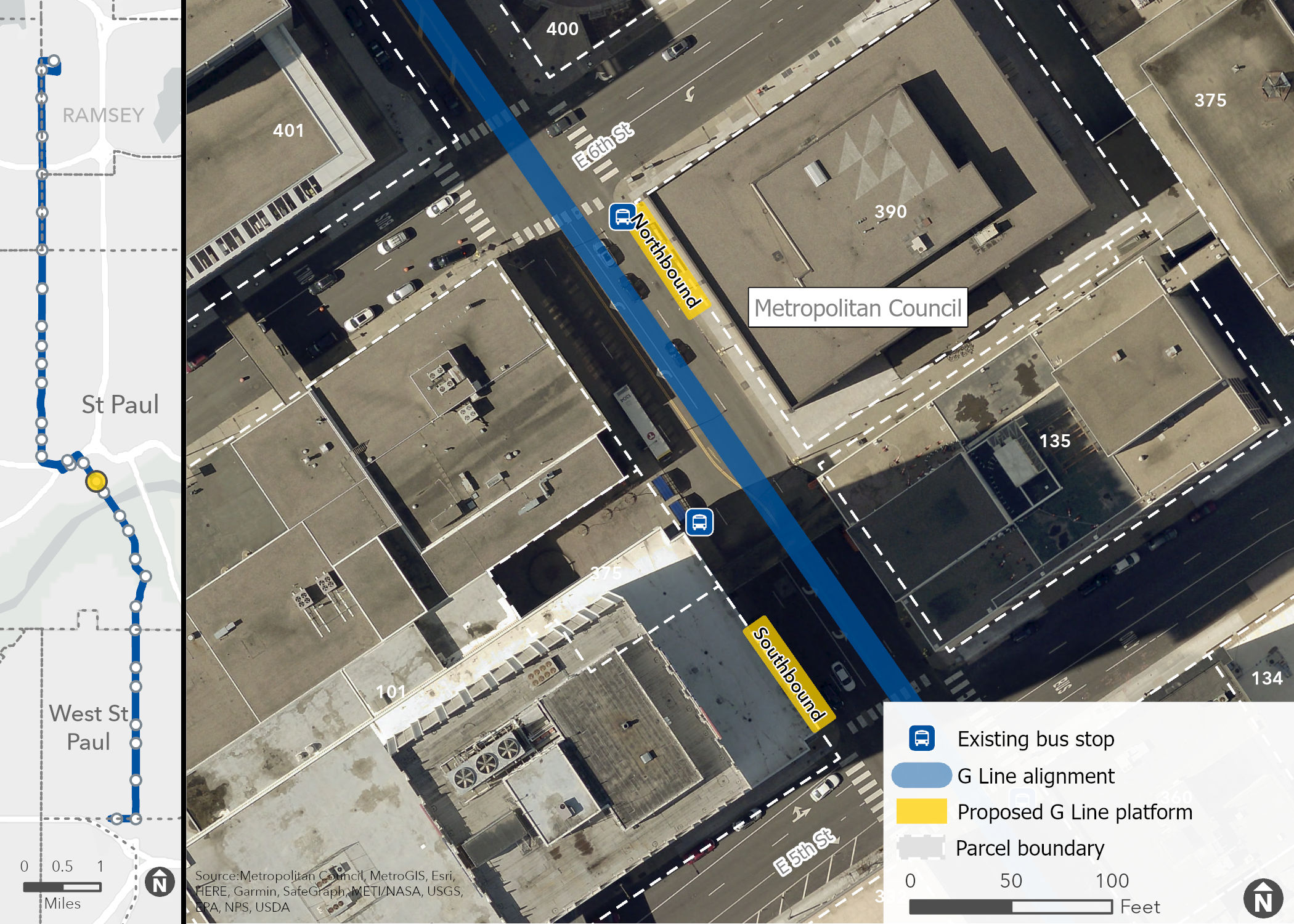 Arial image of Robert & 5th-6th Street Station with building addresses in the area