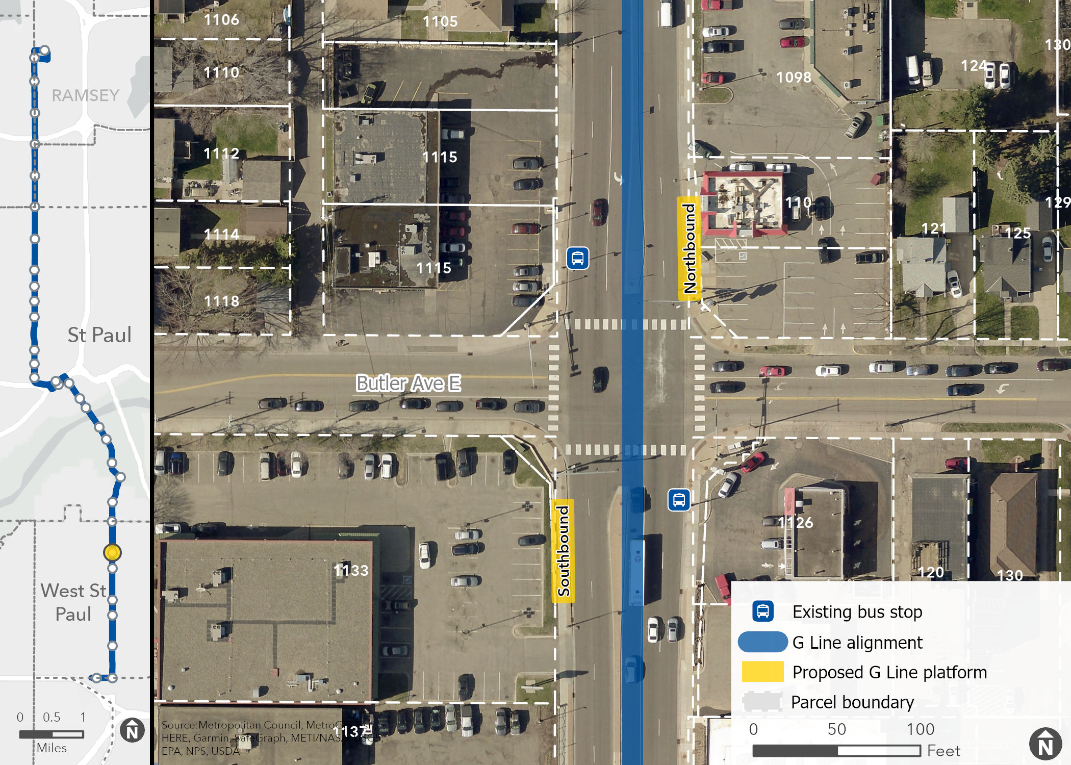 Arial image of Robert & Butler Station with building addresses in the area