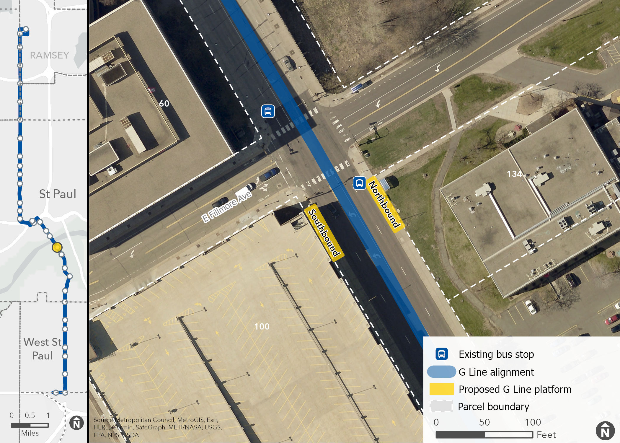 Arial image of Robert & Fillmore Station with building addresses in the area